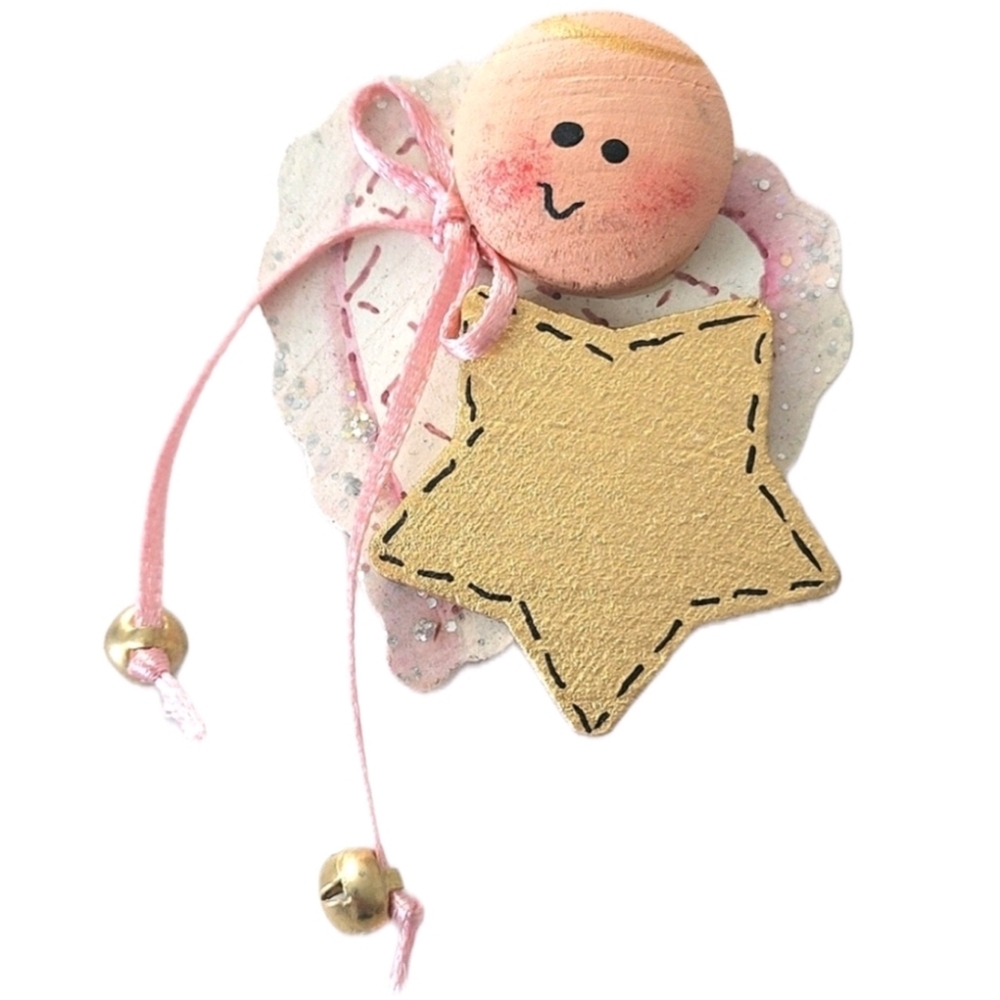 Adorable Baby Face Heart Gold Star Angel Jingly Bells Wooden Pin Brooch